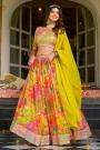 Yellow & Multicolor Printed & Embroidered Organza Silk Lehenga Set