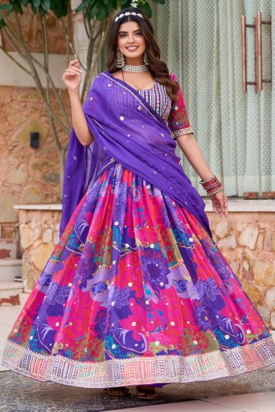 Purple & Multicolor Printed & Embroidered Organza Silk Lehenga Set