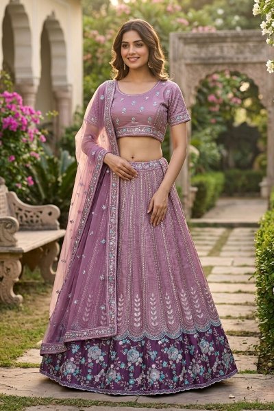 Purple Organza Silk Embroidered Lehenga Set
