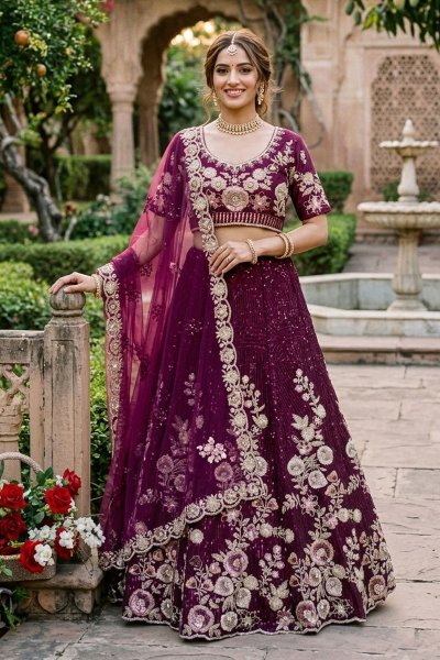 Wine Organza Silk Embroidered Lehenga Set