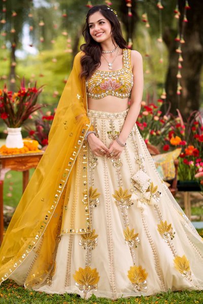 Ivory & Mustard Hand Embroidered Net Lehenga Set With Silk Blouse