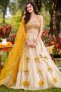 Ivory & Mustard Hand Embroidered Net Lehenga Set With Silk Blouse