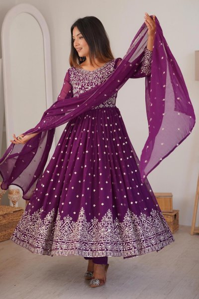 Plum Georgette Embroidered Anarkali Set