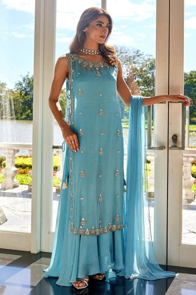 Mint Blue Organza Silk Embroidered Kurta Palazzo Set