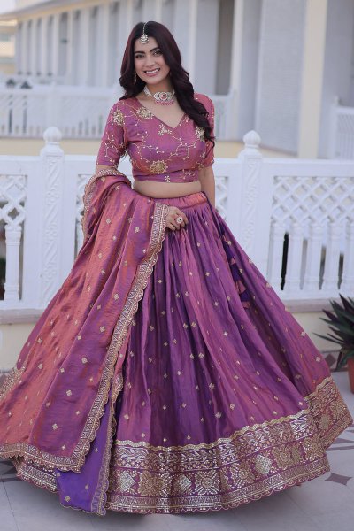 Two Tone Plum Silk Embroidered Lehenga Set