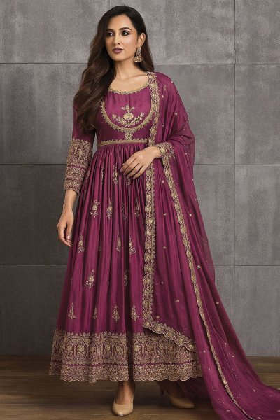 Mauve Plum Organza Silk Embroidered Anarkali Dress