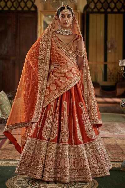 Burnt Orange Silk Embroidered Lehenga Set With Double Dupatta