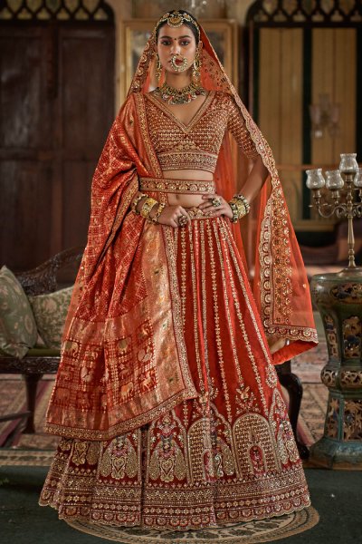 Burnt Orange Silk Embroidered Lehenga Set With Double Dupatta & Belt