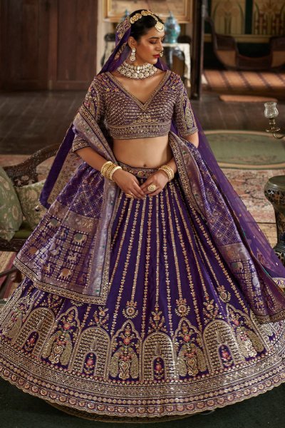 Purple Silk Embroidered Lehenga Set With Double Dupatta & Belt