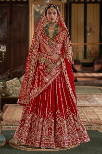 Red Silk Embroidered Lehenga Set With Double Dupatta & Belt