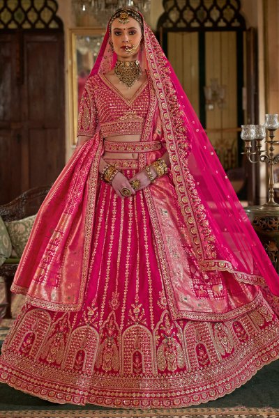 Fuchsia Pink Silk Embroidered Lehenga Set With Double Dupatta & Belt