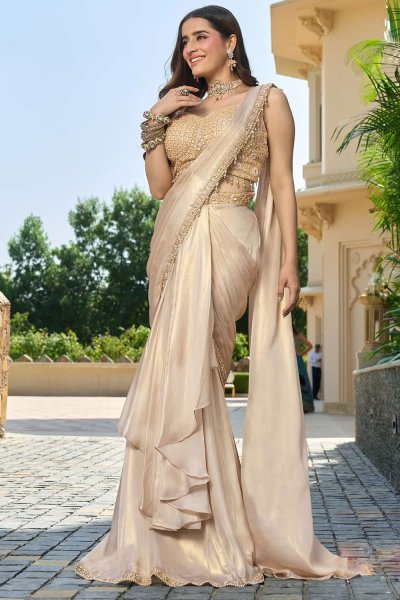 Pre-Draped Blush Gold Soft Silk Fusion Wear Saree with Blouse