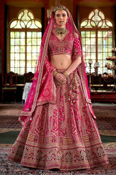 Pink Silk Embroidered Lehenga Set With Double Dupatta In Net & Banarasi Silk