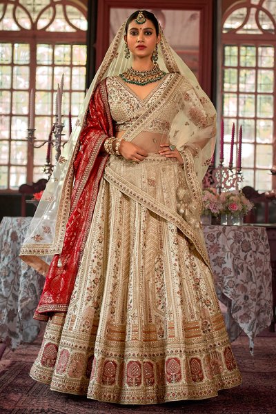 Ivory Silk Embroidered Lehenga Set With Double Dupatta In Net & Banarasi Silk