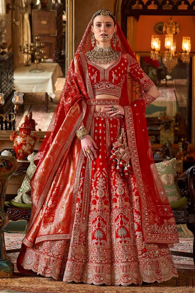 Red Silk Embroidered Lehenga Set With Double Dupatta In Net & Banarasi Silk & Belt