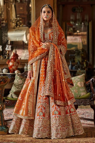 Burnt Orange Silk Embroidered Lehenga Set With Double Dupatta In Net & Banarasi Silk