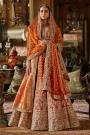 Burnt Orange Silk Embroidered Lehenga Set With Double Dupatta In Net & Banarasi Silk