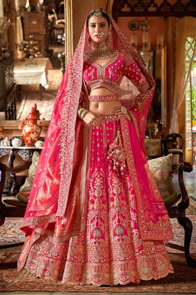 Fuchsia Pink Silk Embroidered Lehenga Set With Double Dupatta In Net & Banarasi Silk