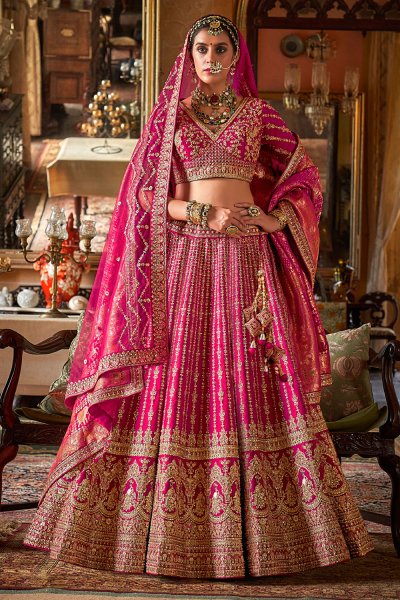 Magenta Pink Silk Embroidered Lehenga Set With Double Dupatta In Net & Banarasi Silk