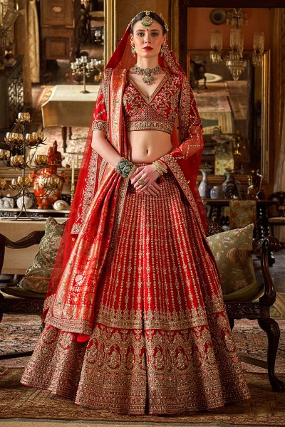 Red Silk Embroidered Lehenga Set With Double Dupatta In Net & Banarasi Silk