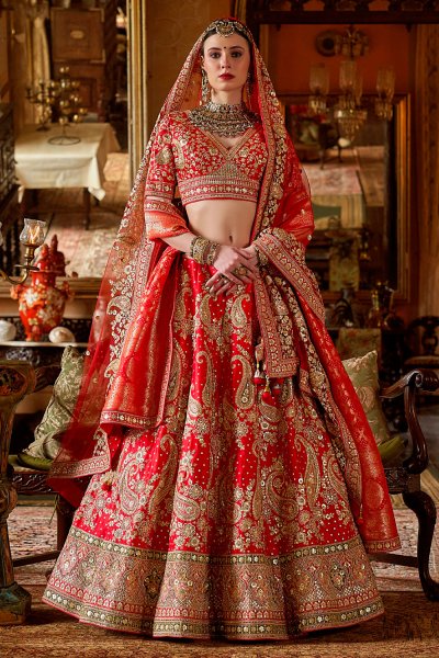 Red Silk Embroidered Lehenga Set With Double Dupatta In Net & Banarasi Silk