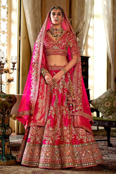 Pink Silk Embroidered Lehenga Set With Double Dupatta In Net & Banarasi Silk