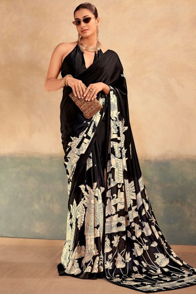 Black Satin Silk Kalamkari Printed Saree