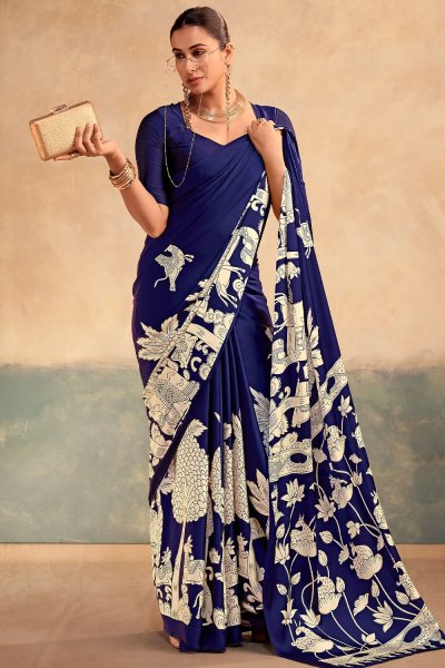 Navy Blue Satin Silk Kalamkari Printed Saree