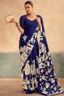 Navy Blue Satin Silk Kalamkari Printed Saree