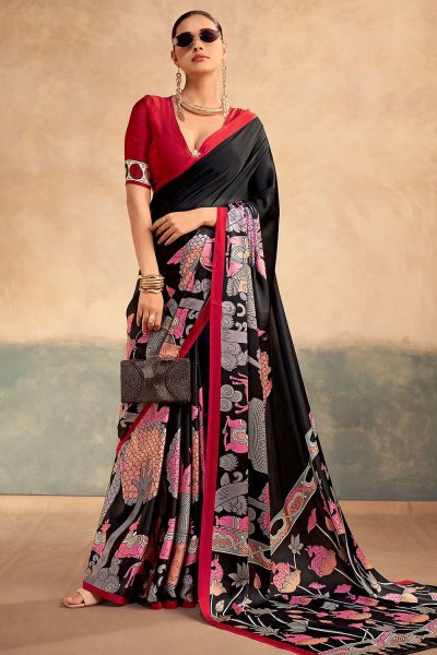 Black & Red Satin Silk Kalamkari Printed Saree