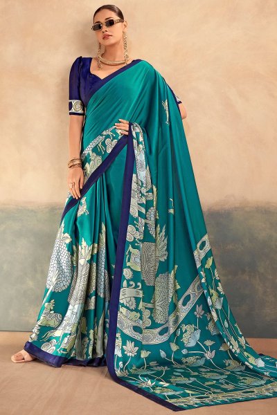 Teal Blue Satin Silk Kalamkari Printed Saree