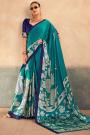 Teal Blue Satin Silk Kalamkari Printed Saree