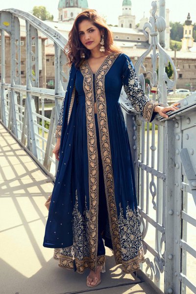 Navy Blue Chinon Silk Embroidered Anarkali Set