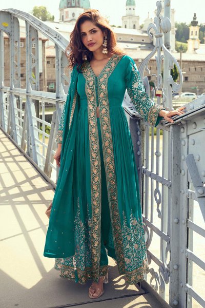 Turquoise Green Chinon Silk Embroidered Anarkali Set