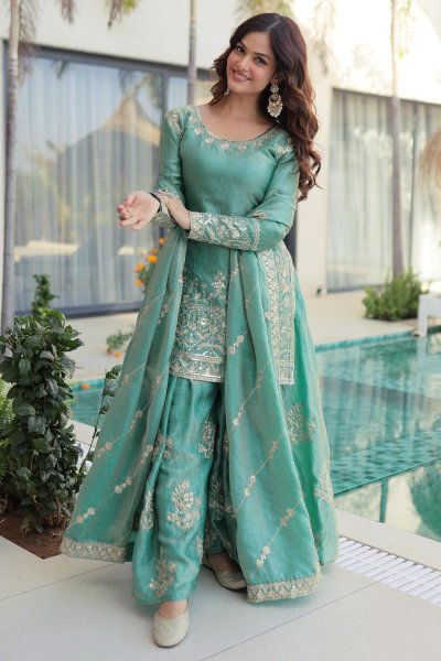 Blue Green Silk Embroidered Sharara Kurta Set Blue Green Silk Embroidered Sharara Kurta Set