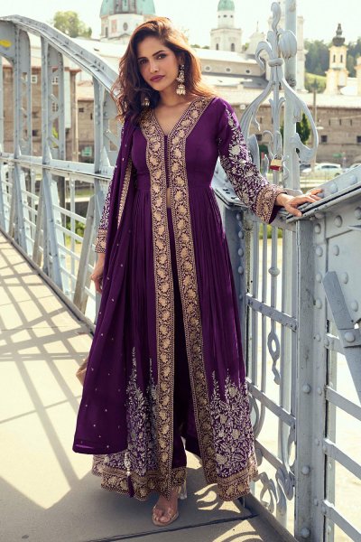 Plum Chinon Silk Embroidered Anarkali Set