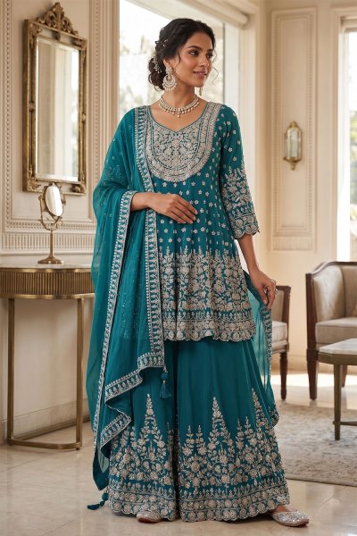 Teal Blue Georgette Embroidered Long Kurti Lehenga Set Teal Blue Georgette Embroidered Long Kurti Lehenga Set