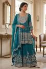 Teal Blue Georgette Embroidered Long Kurti Lehenga Set