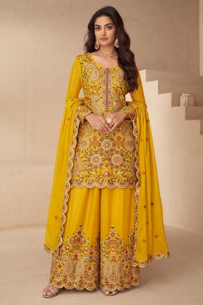 Yellow Chinon Silk Embroidered Kurta Set