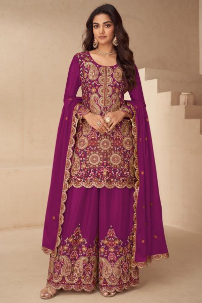 Plum Chinon Silk Embroidered Kurta Set