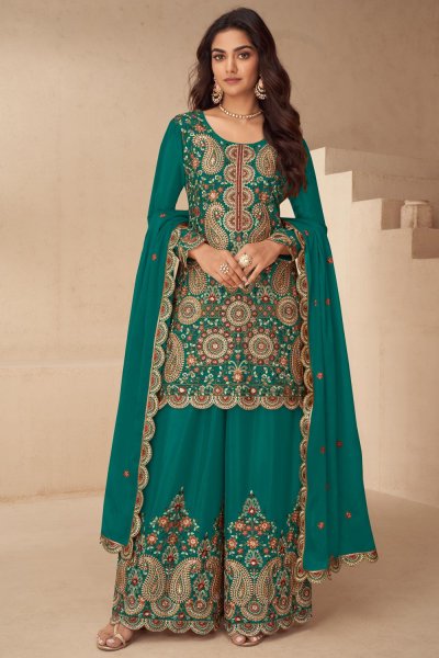Teal Chinon Silk Embroidered Kurta Set