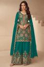 Teal Chinon Silk Embroidered Kurta Set