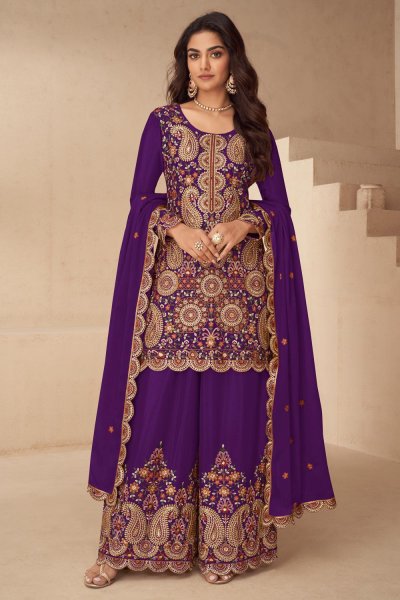 Purple Chinon Silk Embroidered Kurta Set