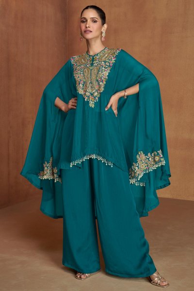 Prussian Blue Silk Embroidered Indowestern Kaftan With Top & Palazzo