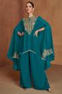 Prussian Blue Silk Embroidered Indowestern Kaftan With Top & Palazzo