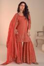 Coral Georgette Embroidered Sharara Kurta Set