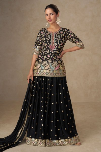 Black Chinon Silk Multicolored Embroidered Kurta Palazzo Set