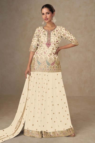 Ivory Chinon Silk Multicolored Embroidered Kurta Palazzo Set