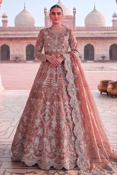 Peach Net Embroidered Anarkali Dress With Dupatta