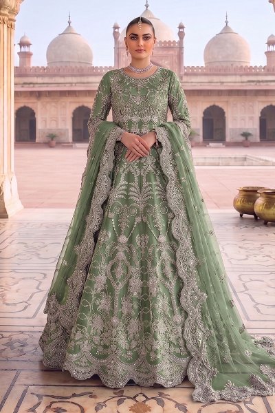 Sage Green Net Embroidered Anarkali Dress With Dupatta